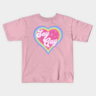 Say Gay Kids Retro Rainbow Heart LGBTQ Kawaii Cute Gay Pride Back Kids T-Shirt